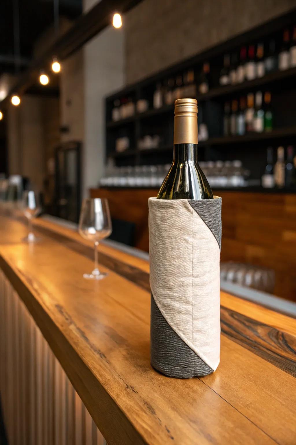 Two-tone fabric wrapping for a stylish wine bottle presentation.