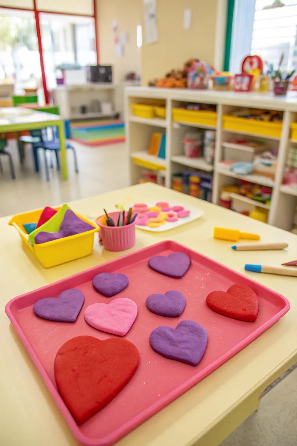 Creative play with heart-shaped playdough.