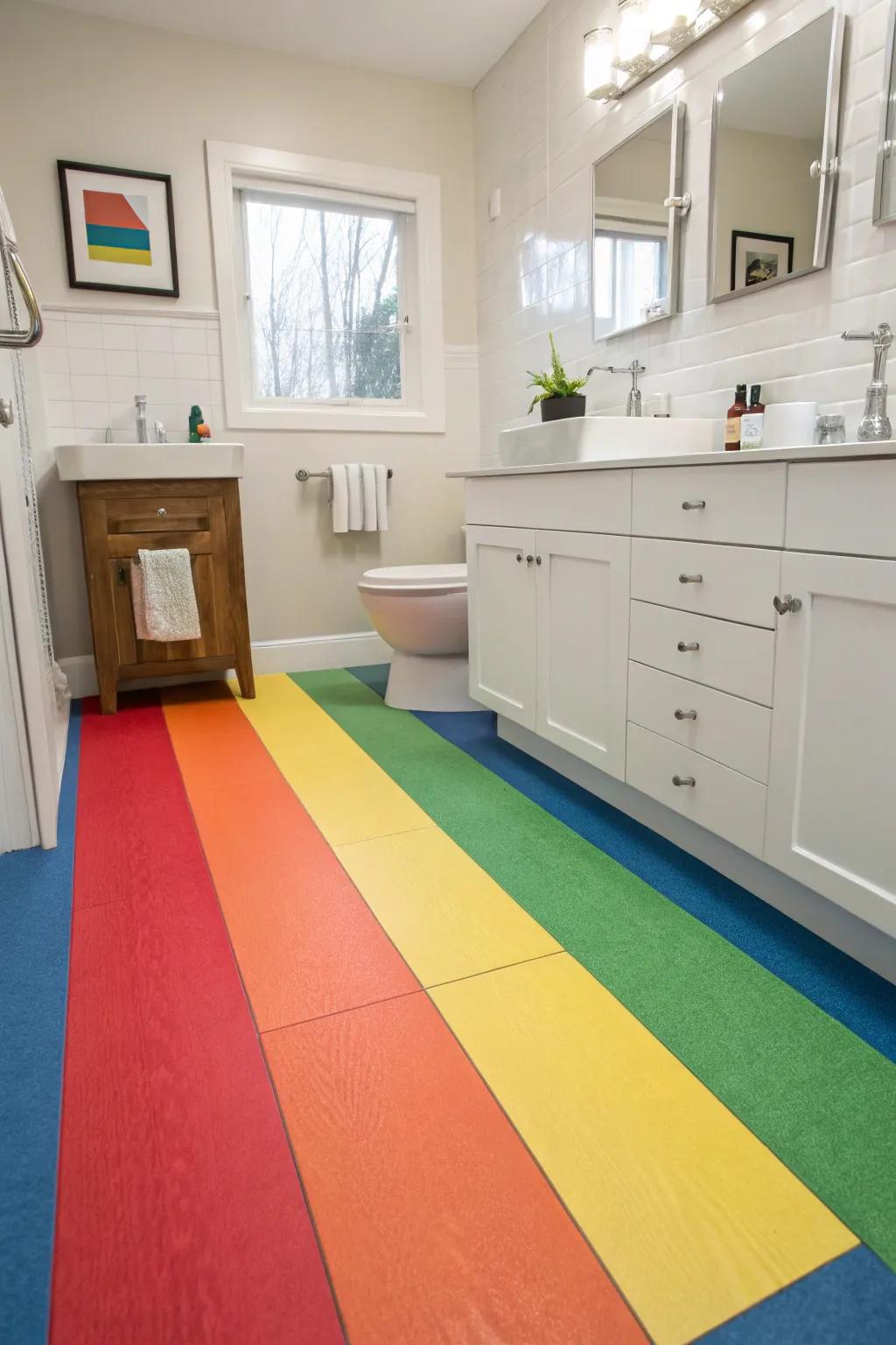 Color block vinyl flooring adds a playful touch to this bathroom.