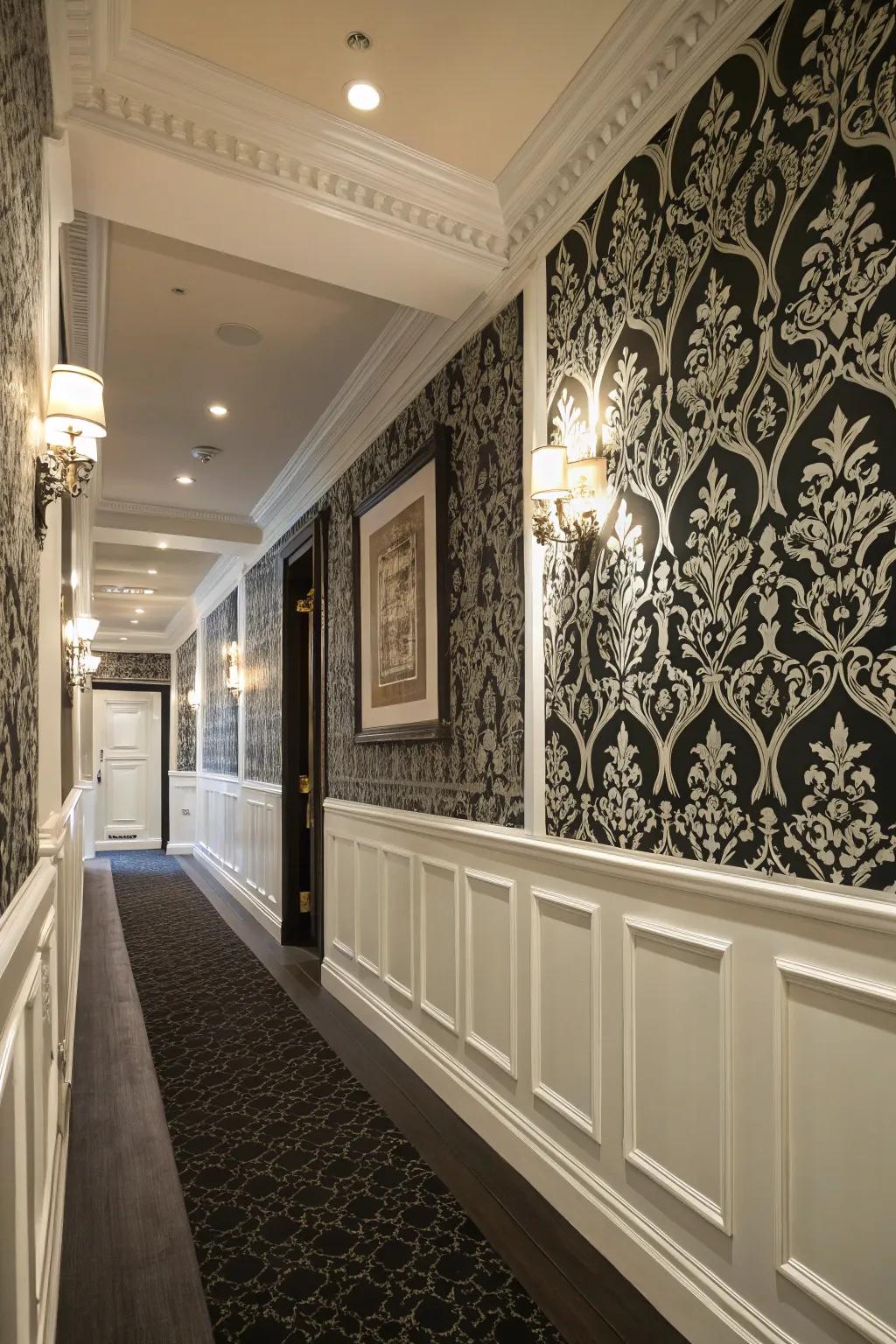 High contrast black and white wainscoting makes a bold statement.