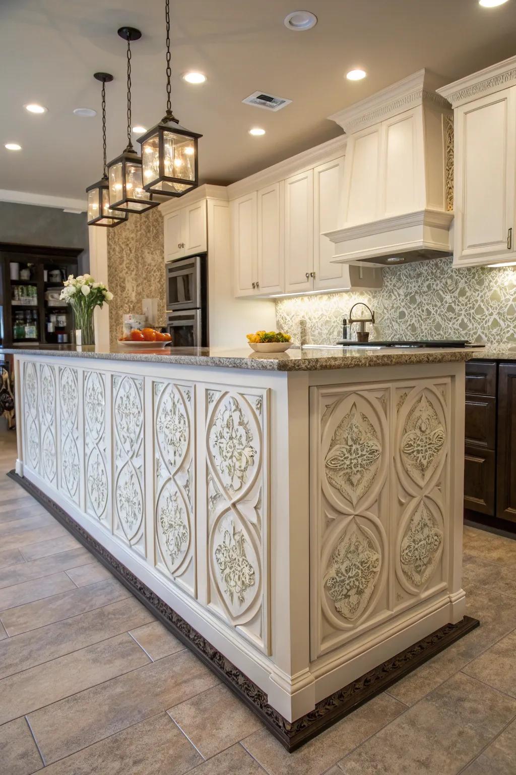 Artistic wainscoting patterns add personal flair to this kitchen island.