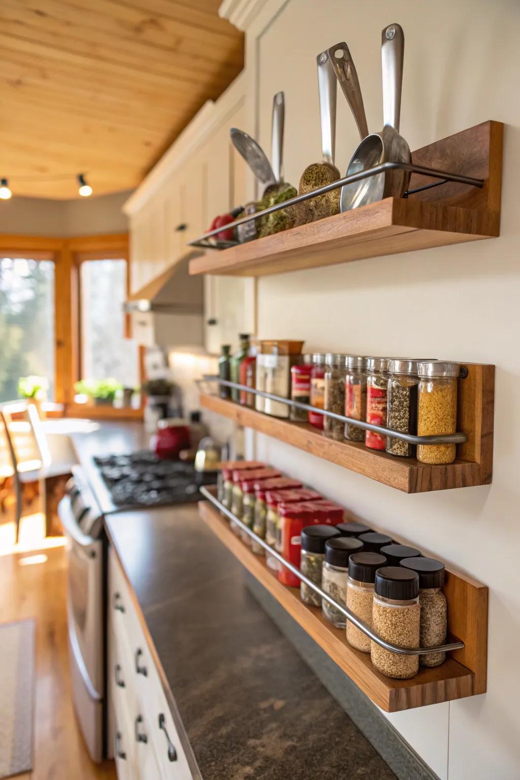 Long floating shelves are ideal for narrow spaces.