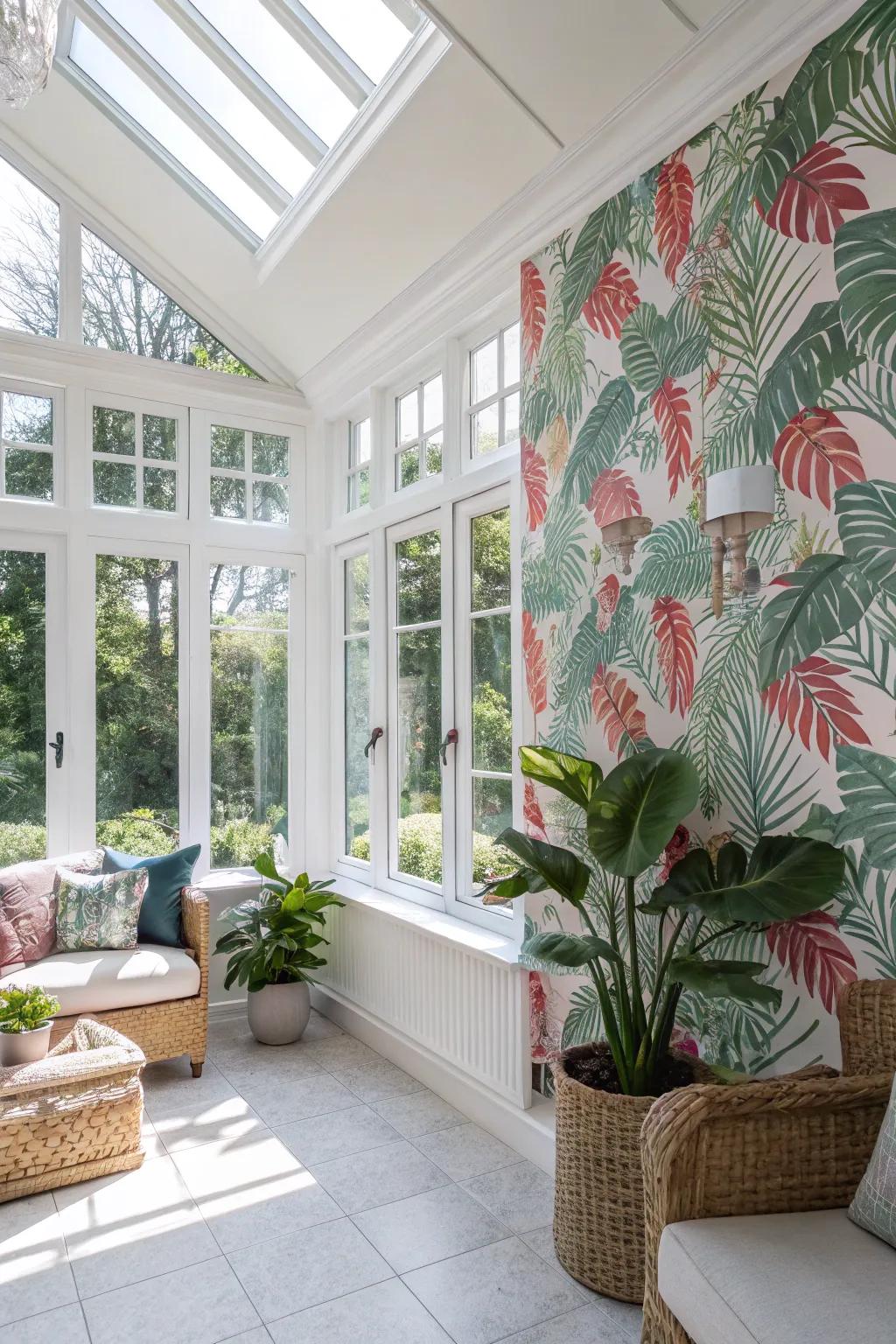 A vibrant sunroom with tropical wallpaper and crisp whites.