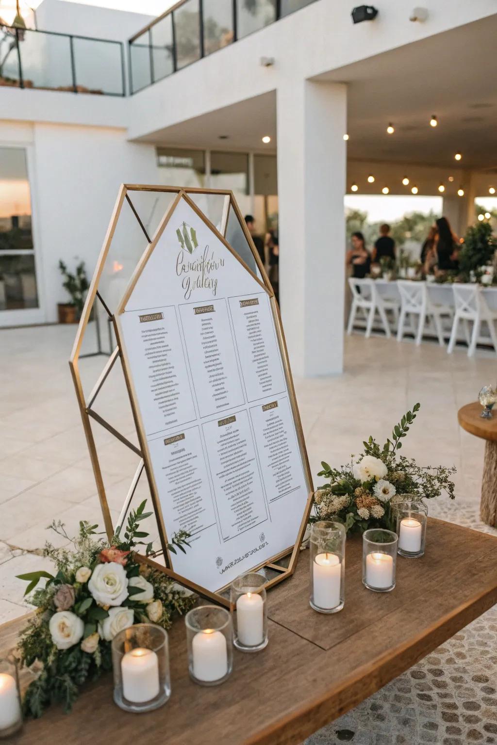 Bold geometric shapes used creatively for a seating chart, adding a contemporary flair to a wedding.