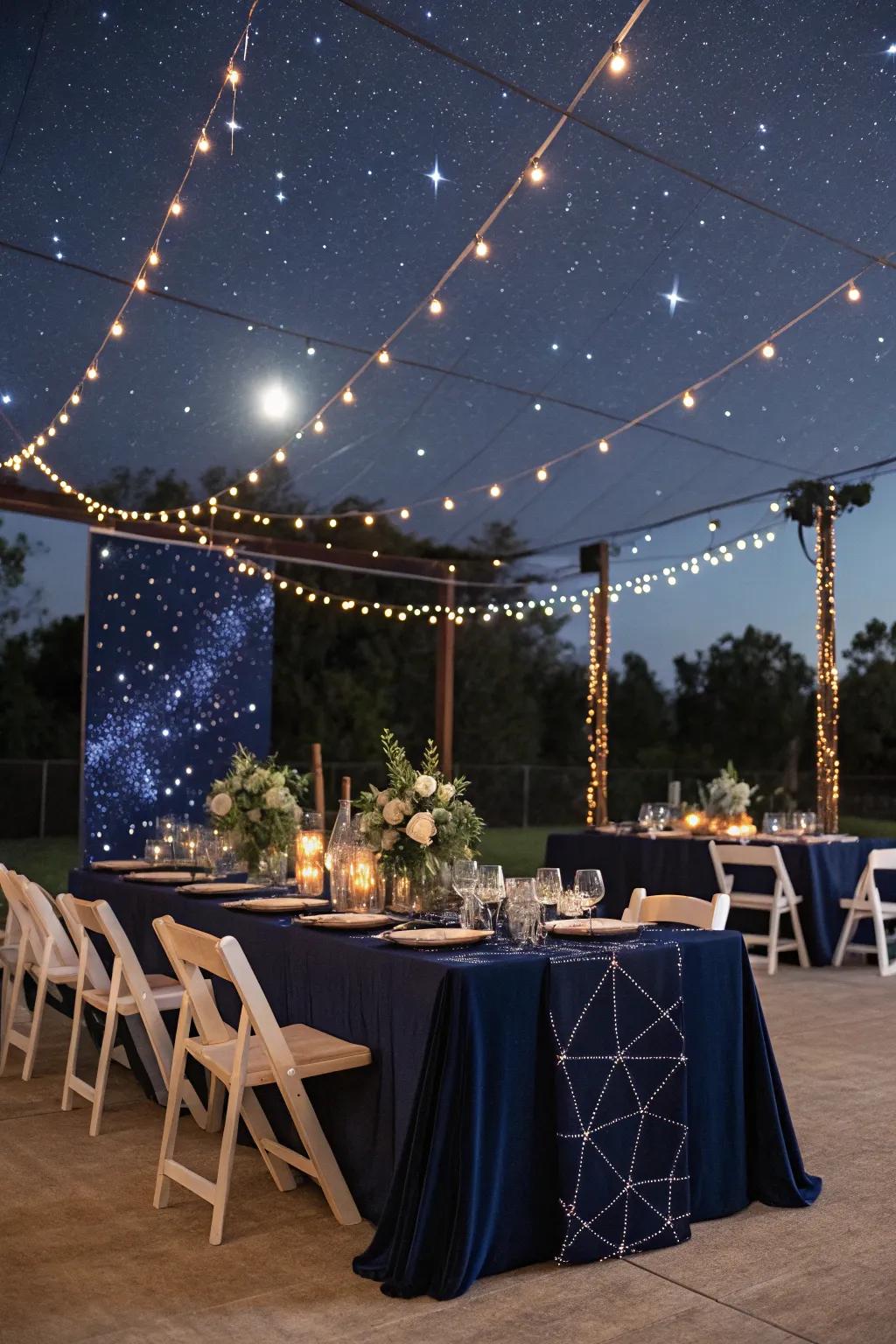 A celestial wedding table setting creating an enchanting night sky atmosphere.