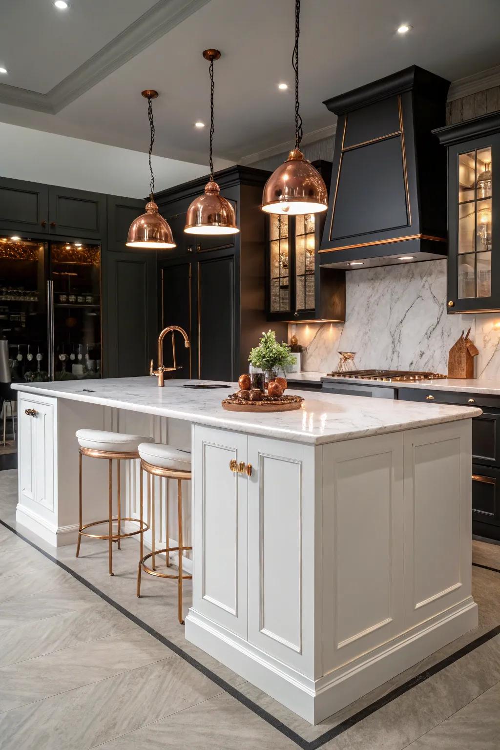 Copper accents make this kitchen island a stunning focal point.