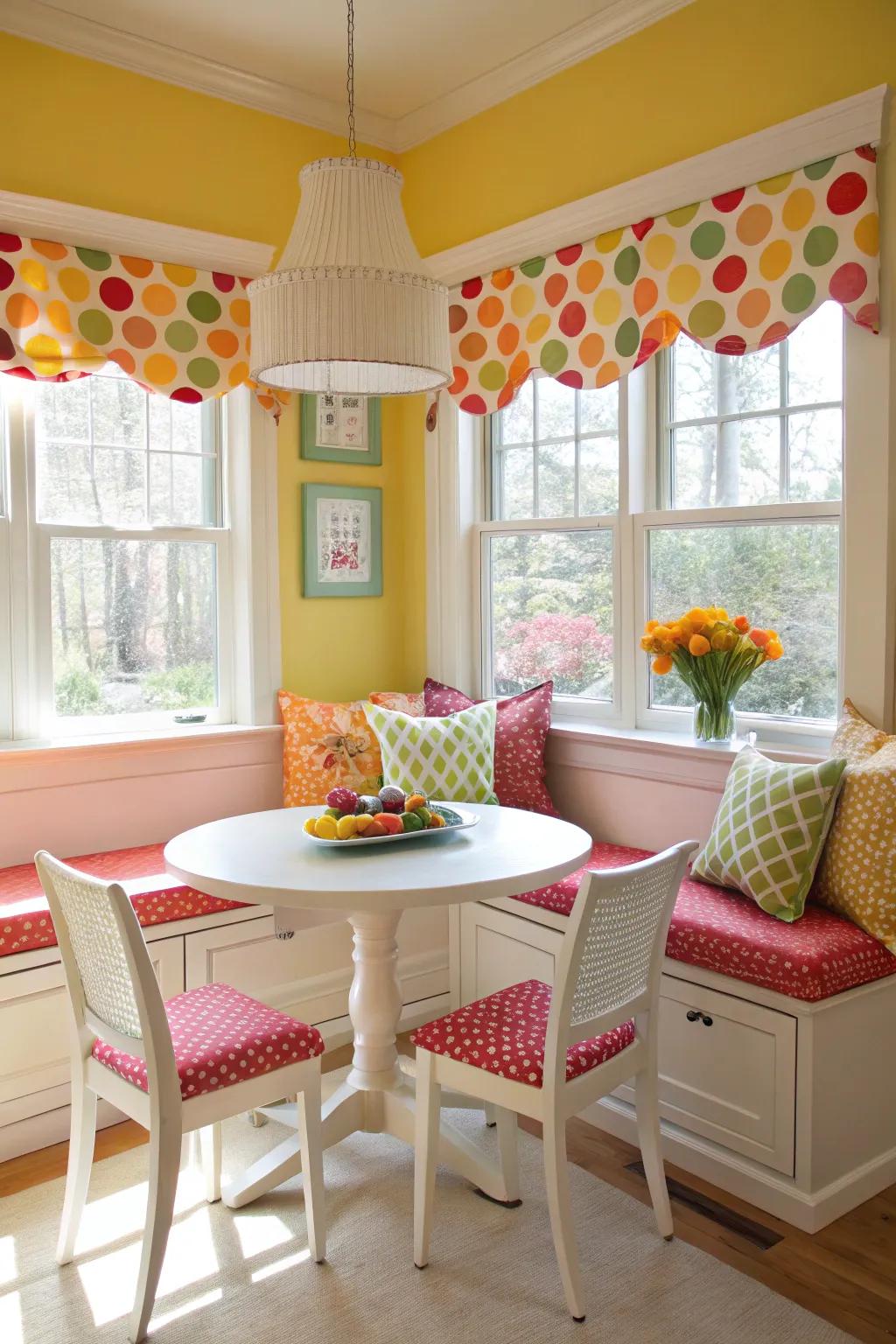 Whimsical polka dot valance in a cheerful breakfast nook.