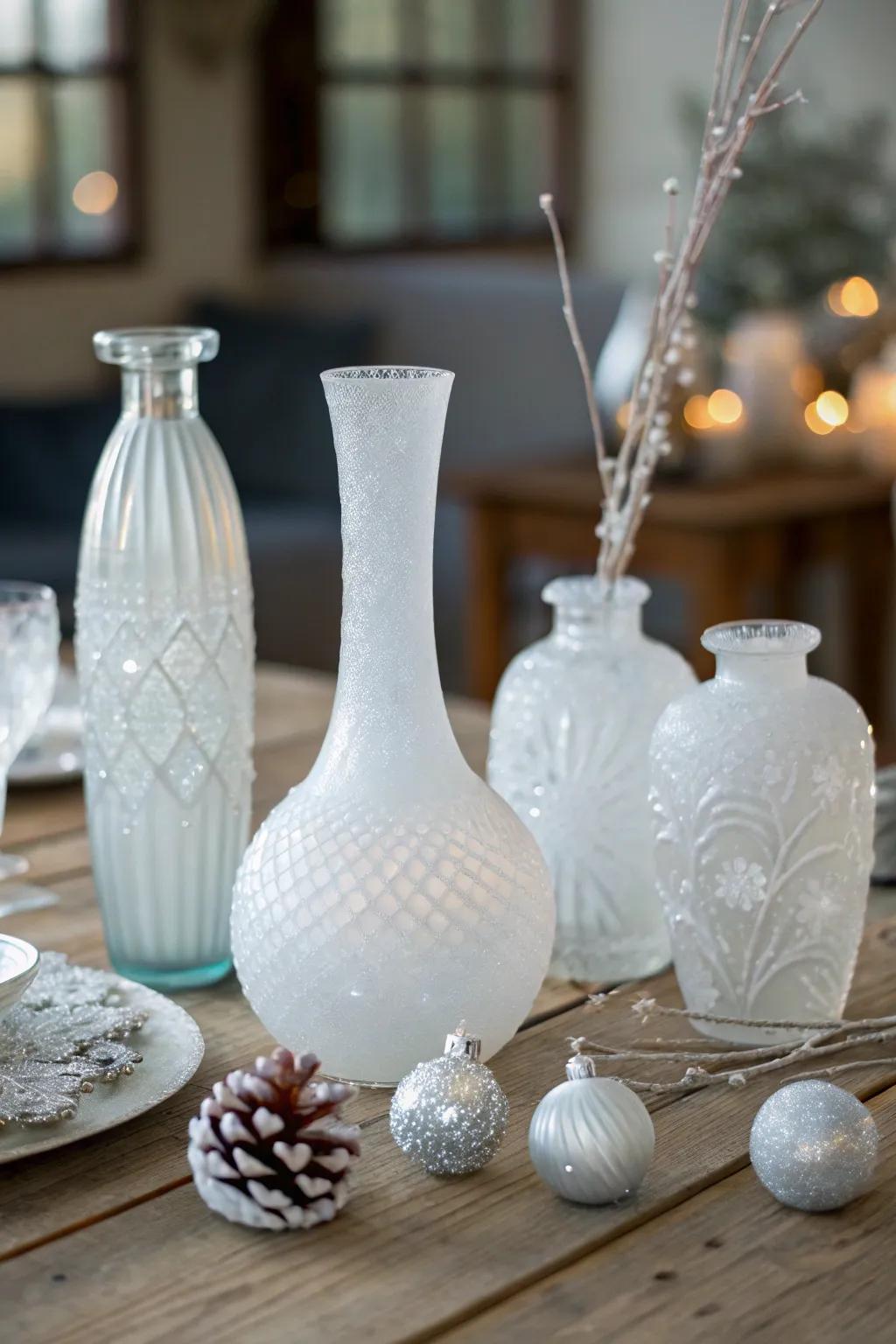 Frosted glass decorations add elegance and a wintry touch.