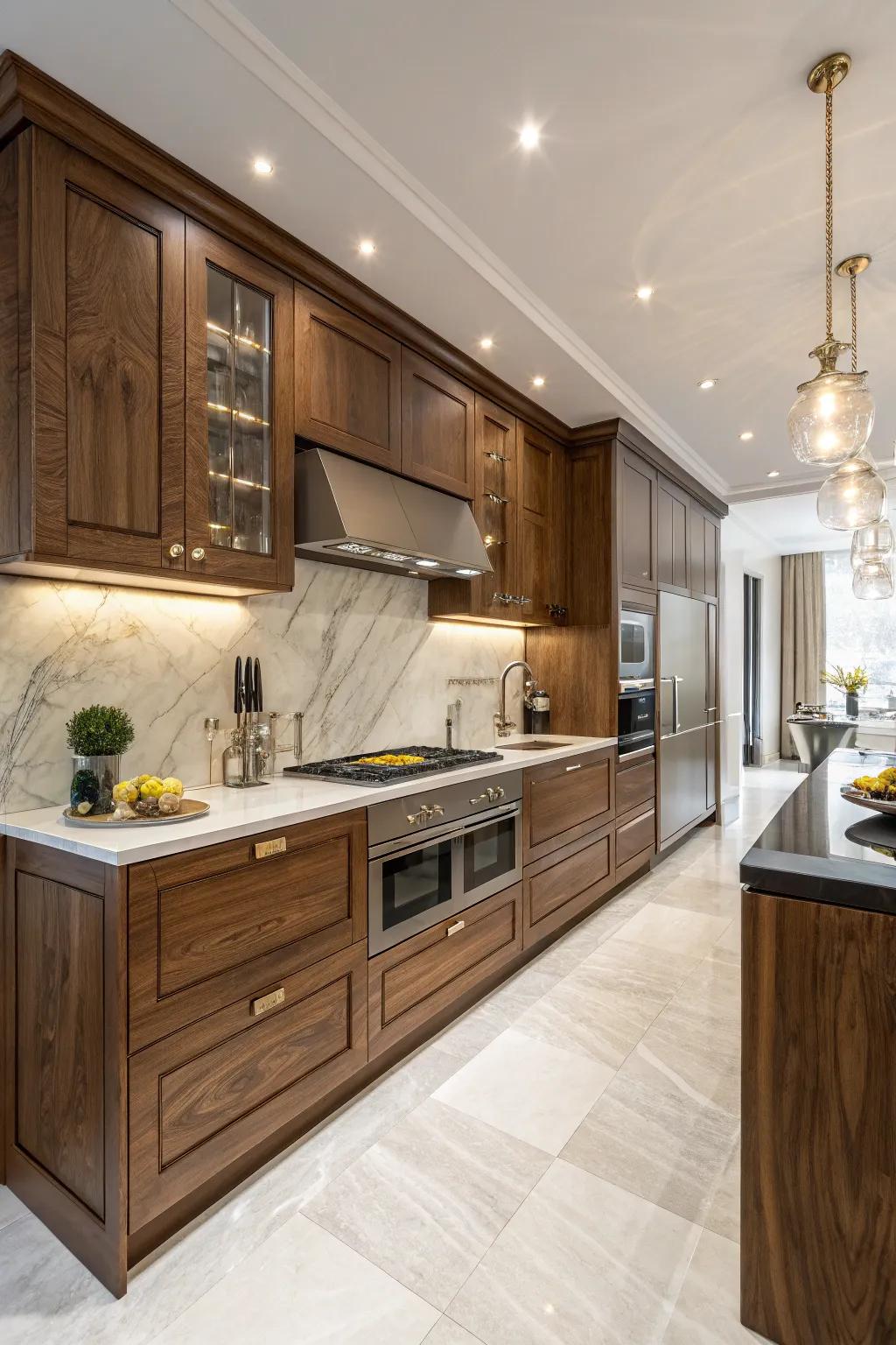 A luxurious kitchen featuring a sophisticated walnut wood backsplash.