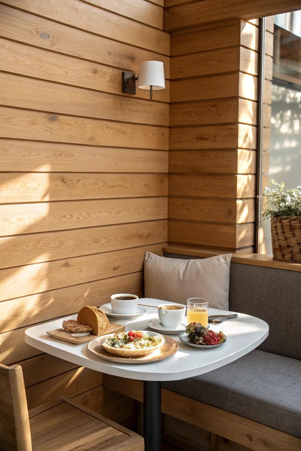 Breakfast nook featuring cozy horizontal wood paneling.