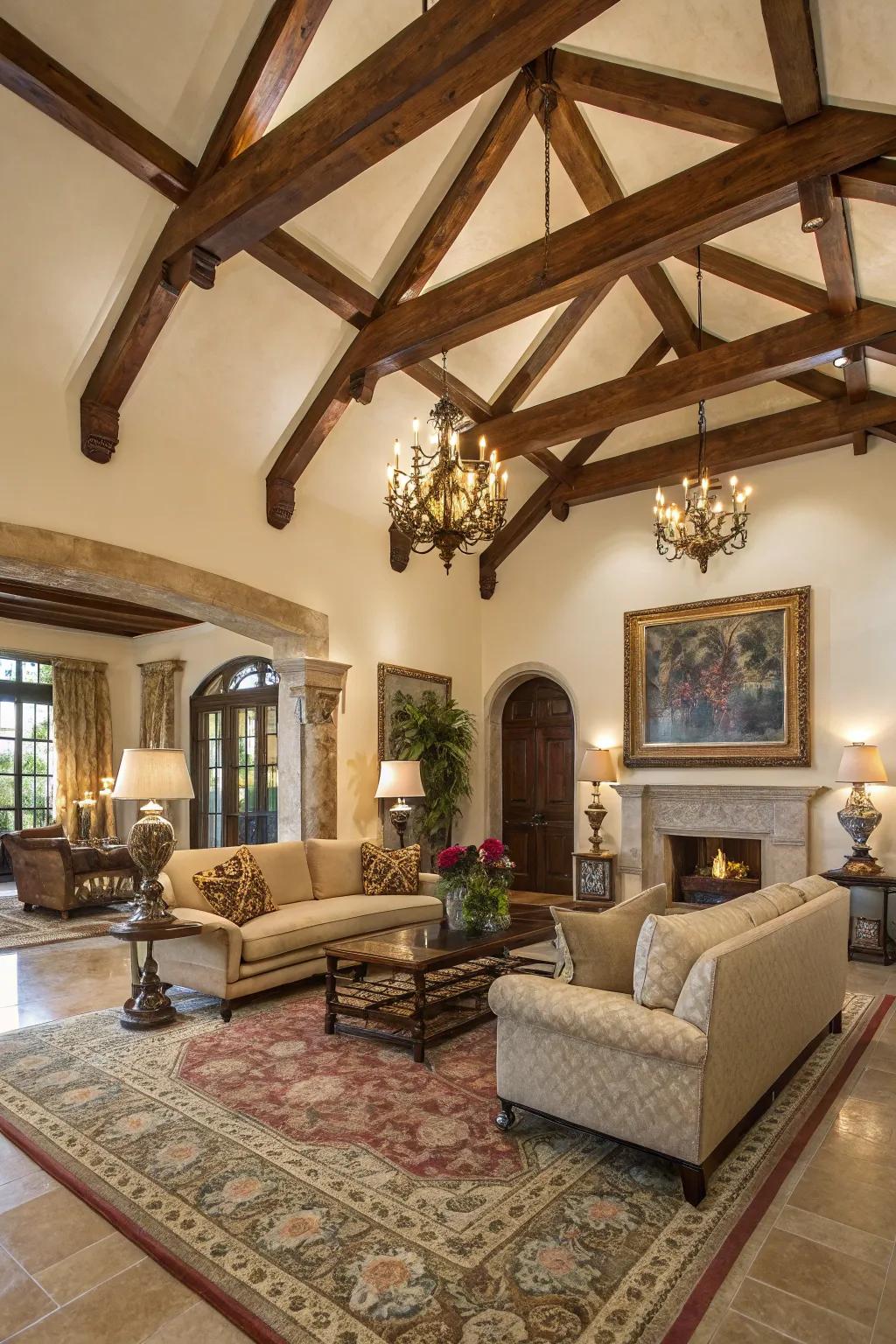 Bold beams make a statement in this grand living room.