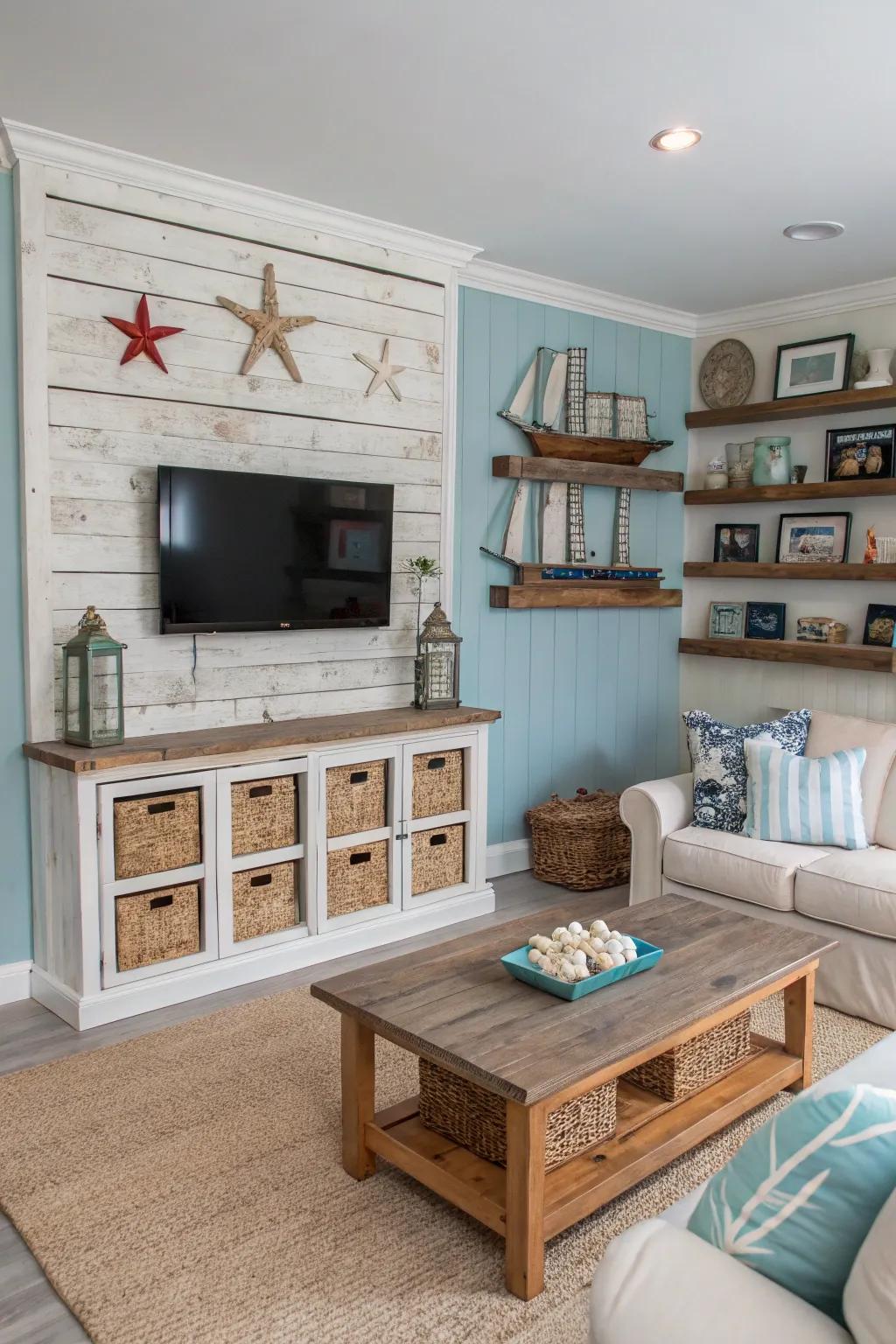 Coastal-inspired wood slats evoke a breezy, beachy vibe.