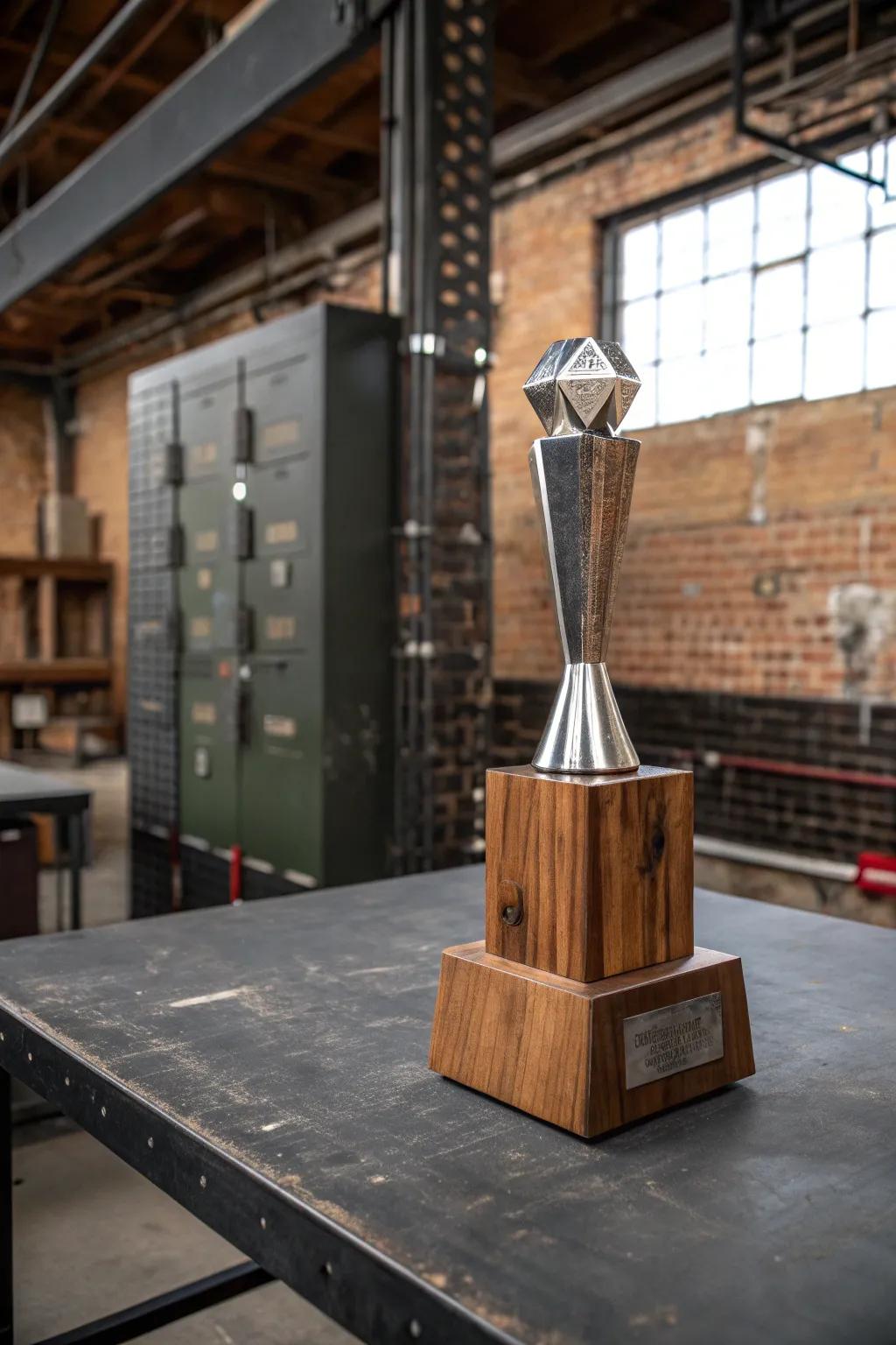 Wood and metal fusion trophies offer a modern and timeless appeal.