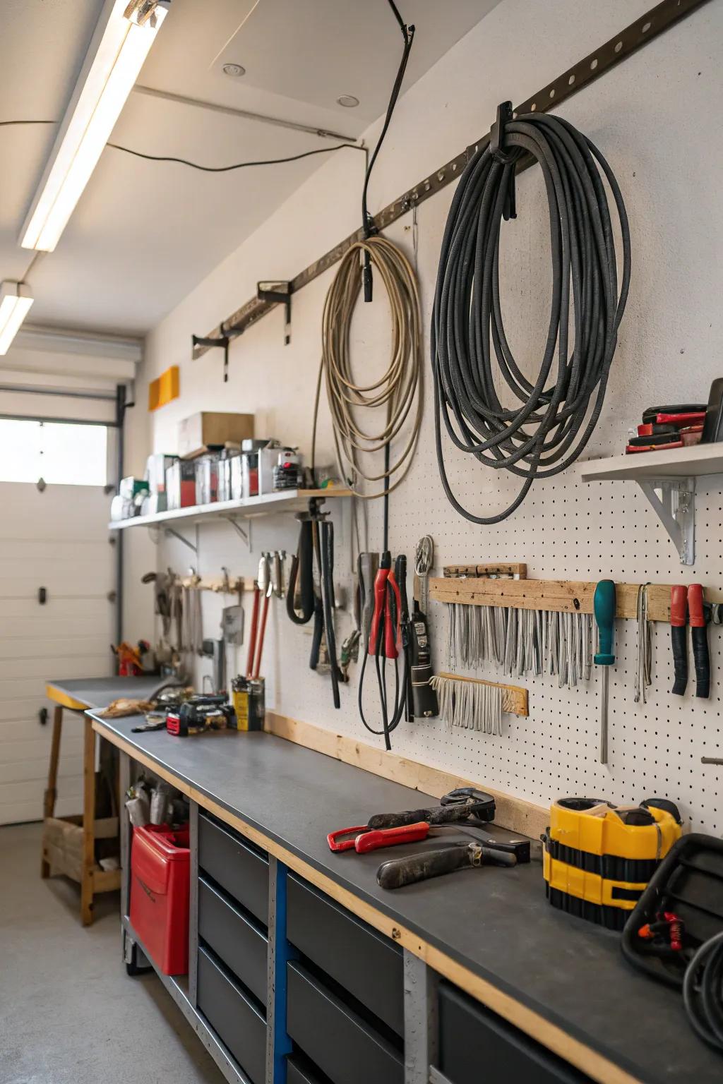 Overhead hooks provide efficient hanging storage.