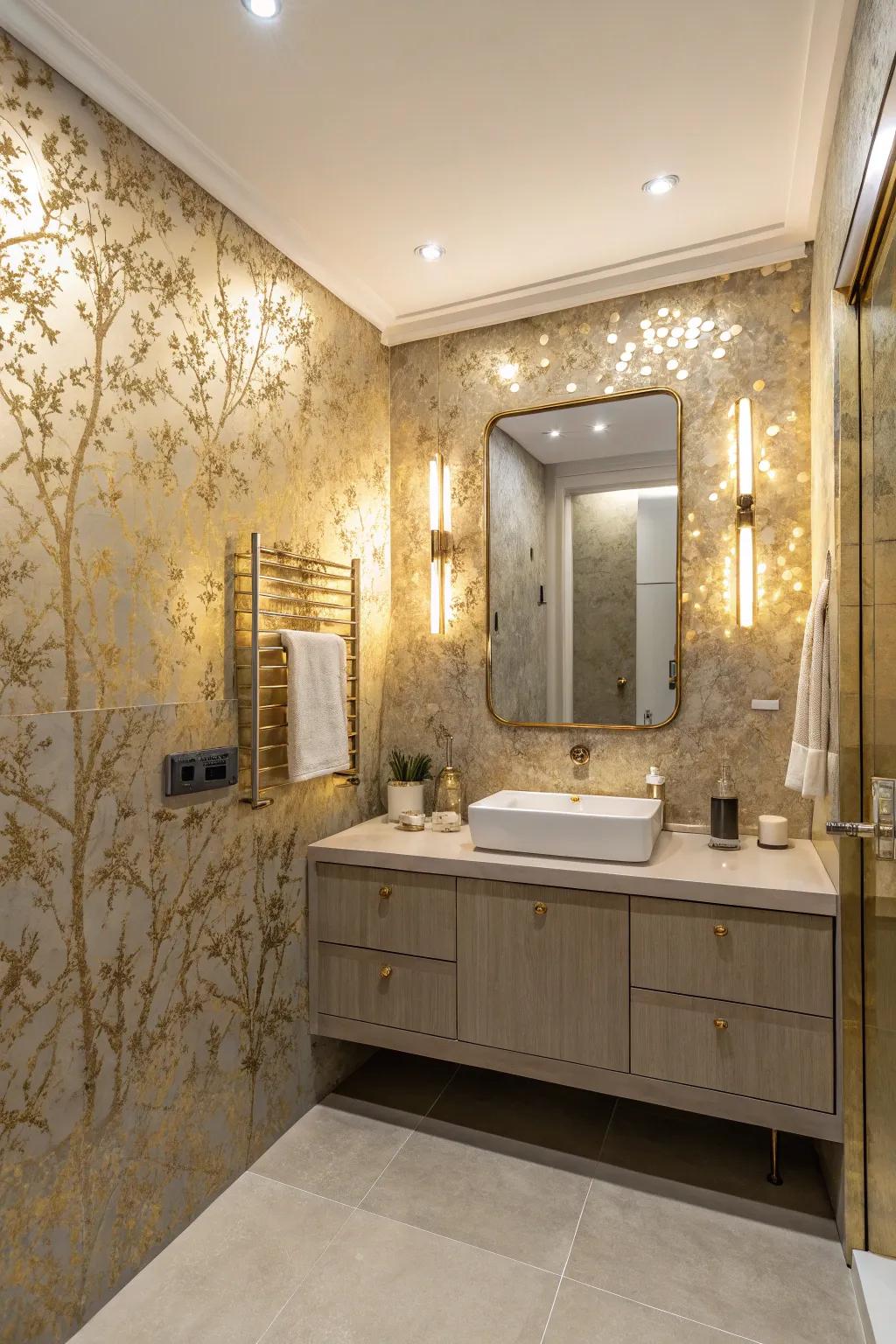 A chic bathroom with gold-flecked wallpaper adding a touch of glamour.