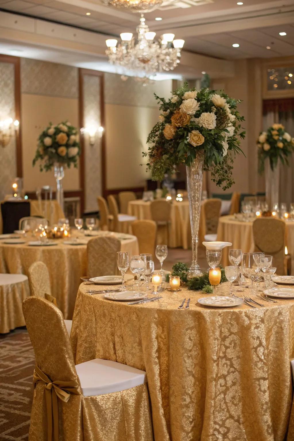 Gold table linens add a luxurious touch to the anniversary celebration.