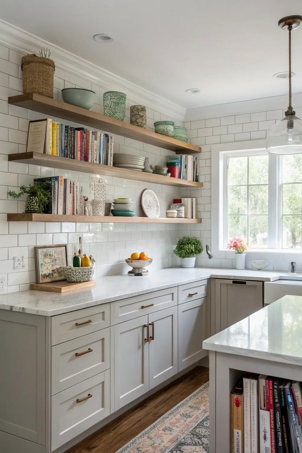 Floating shelves above cabinets offer storage and display space.