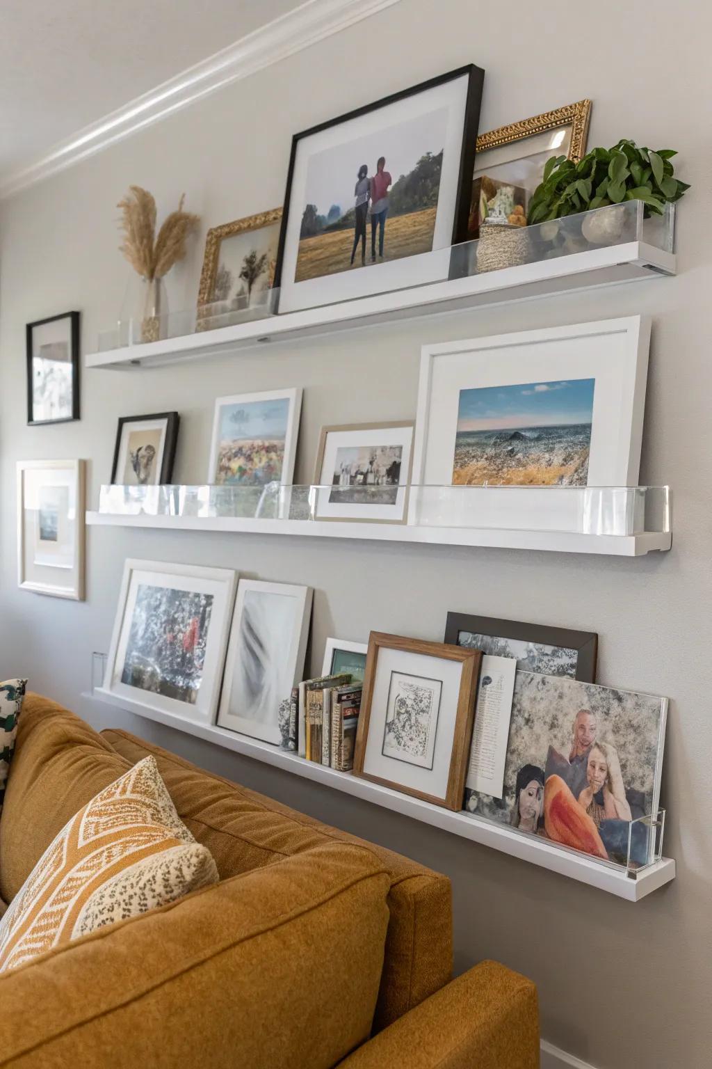 Acrylic picture ledges offer a modern display solution.