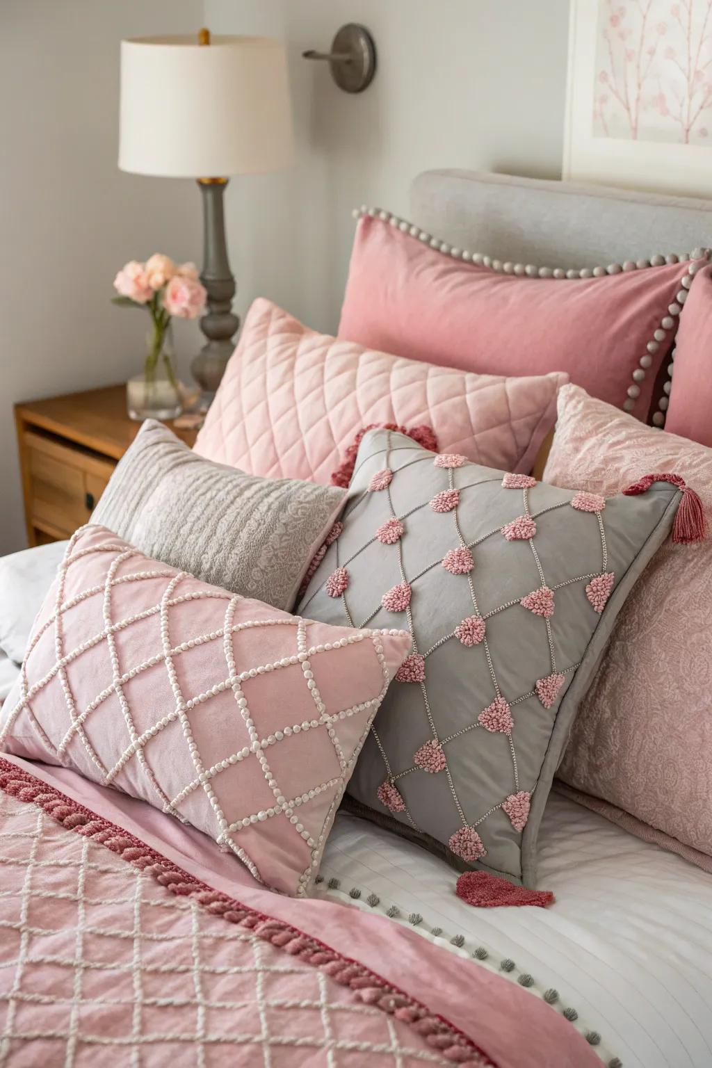 Pink and grey decorative pillows add color and texture to the bed.