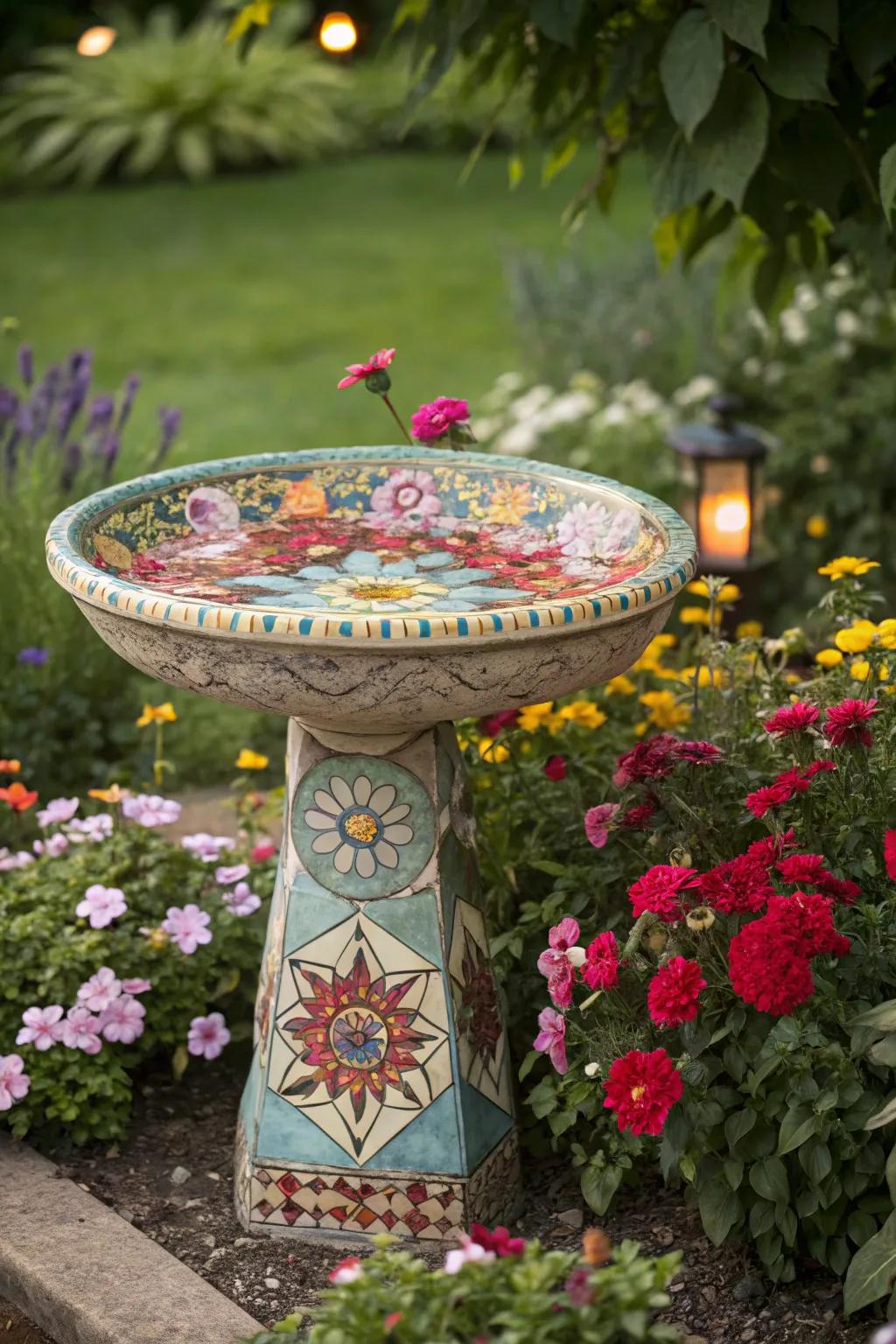 Attract birds and add beauty with a mosaic birdbath.