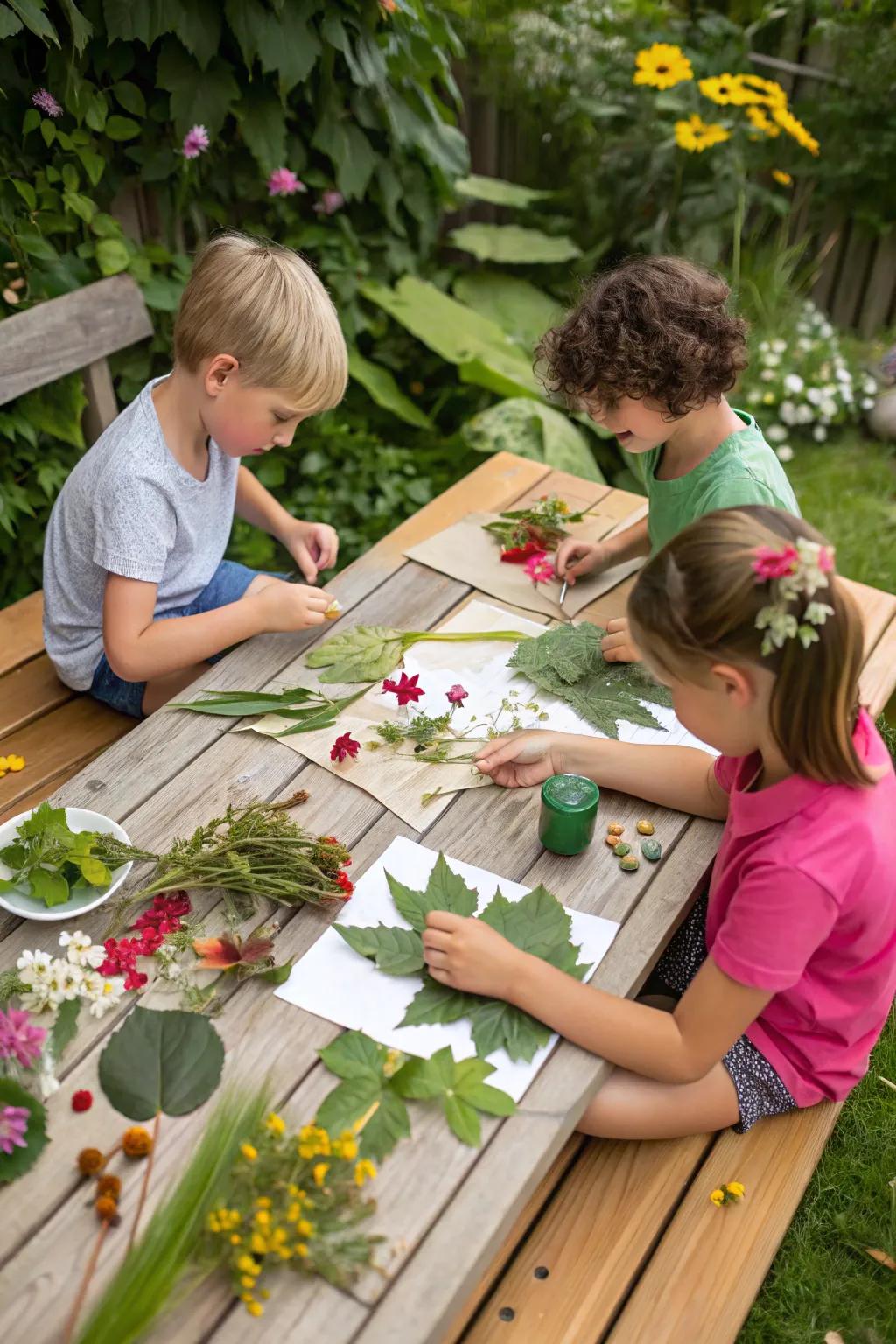 Kids crafting nature collages, using the beauty of the natural world to inspire their art.