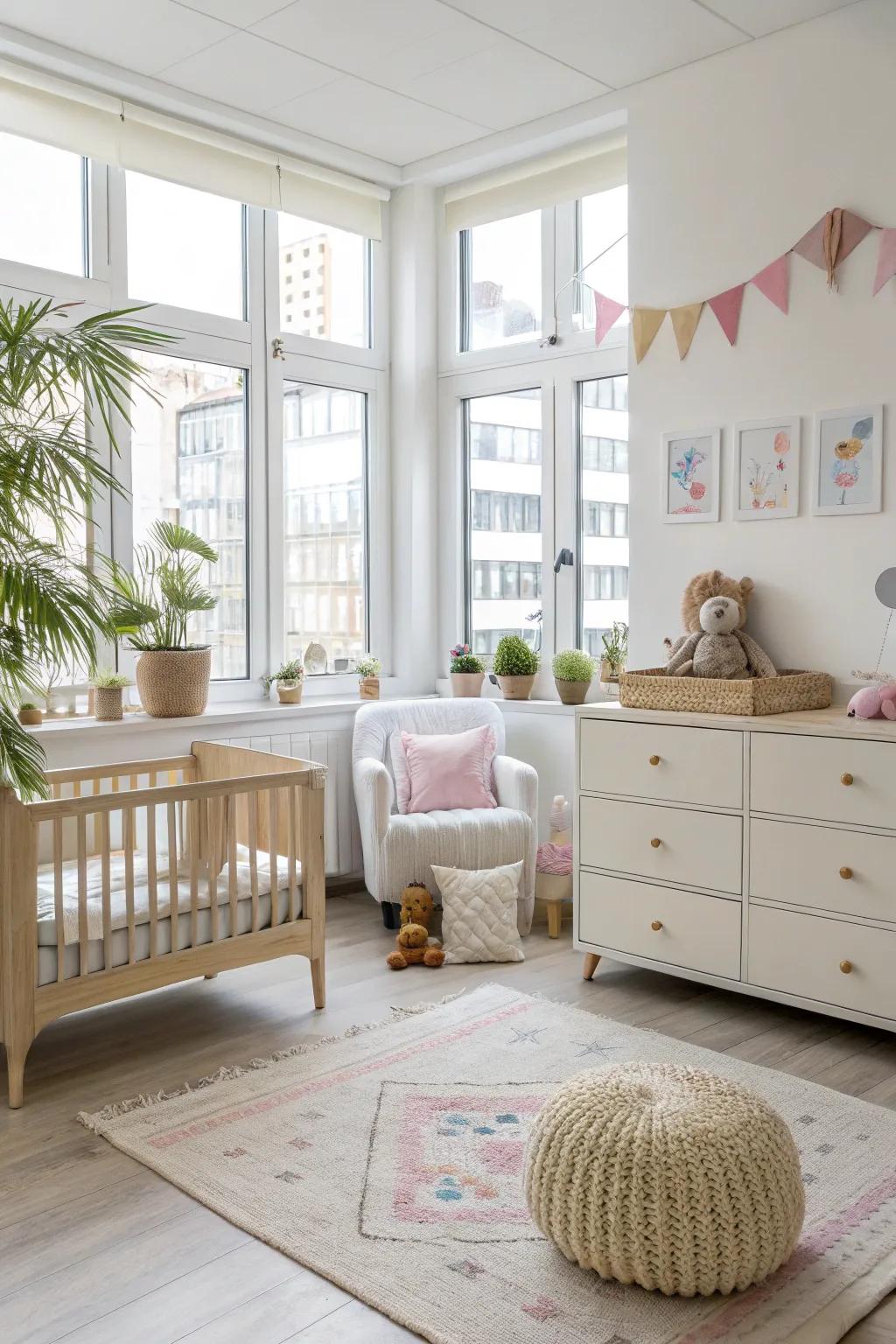 Light-colored furniture enhances the brightness and spaciousness of a nursery.