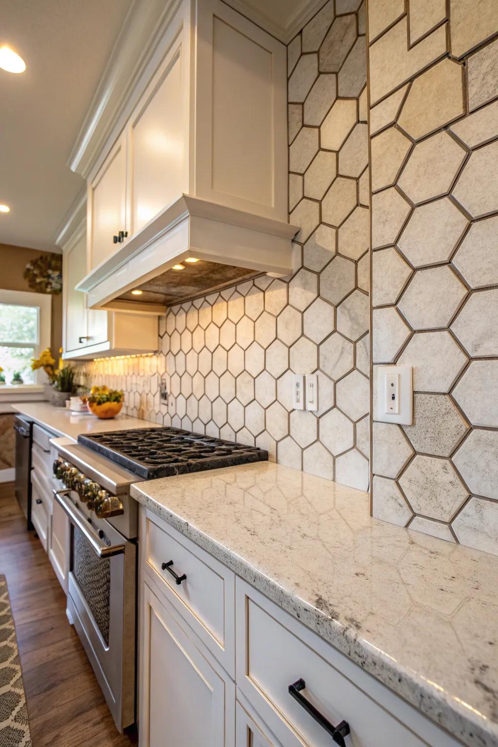 Hexagon tiles offer a versatile and unique kitchen style.