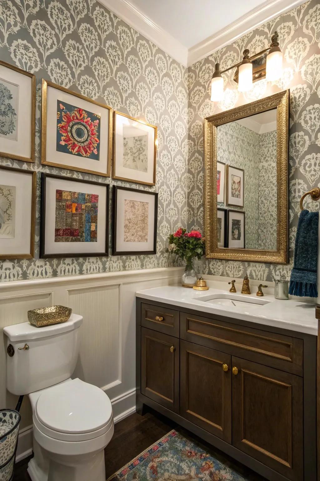 Layered decor styles bring a dynamic touch to this bathroom.