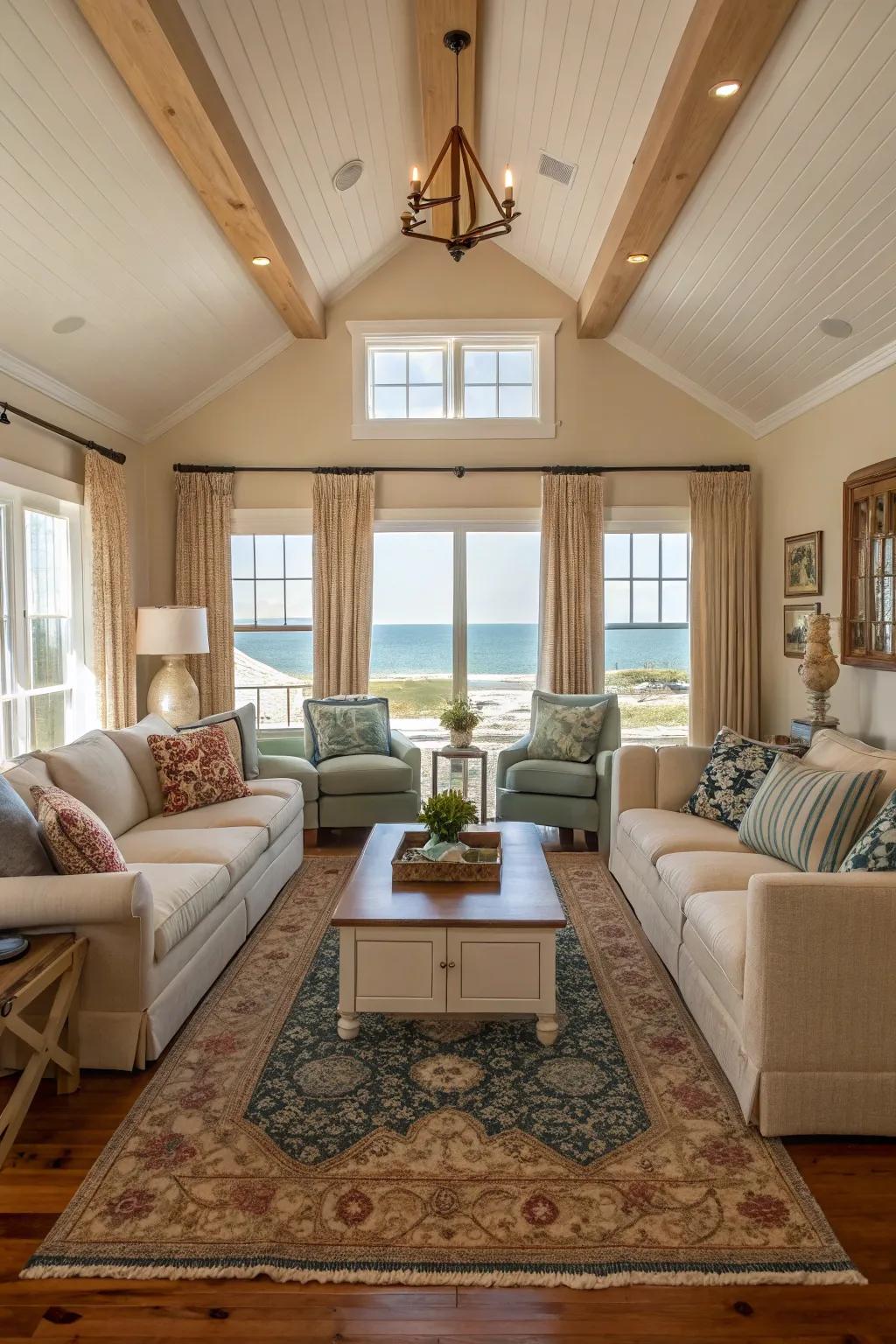 Symmetrical design brings balance and harmony to this beach house living room.