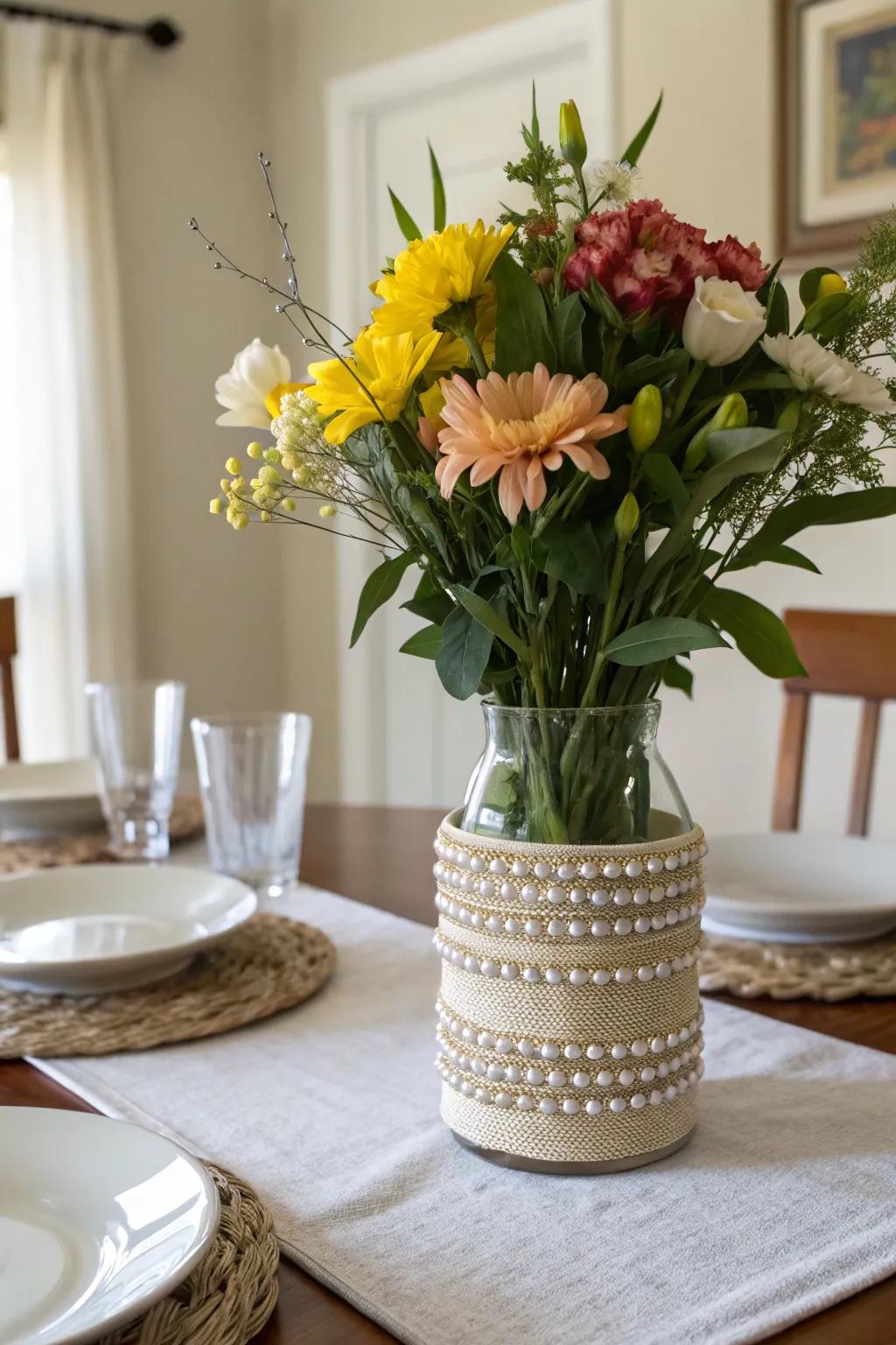 A beaded vase wrap adding elegance to the dining table centerpiece.