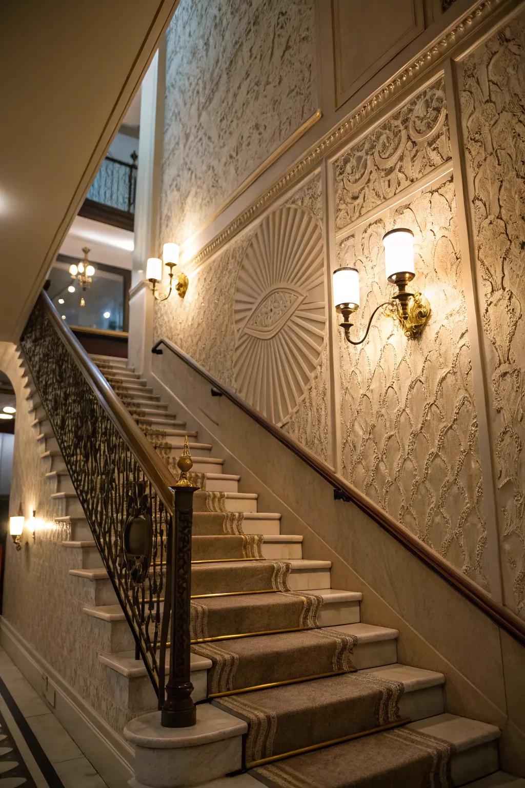 Layered texture sconces add depth and interest to stairways.