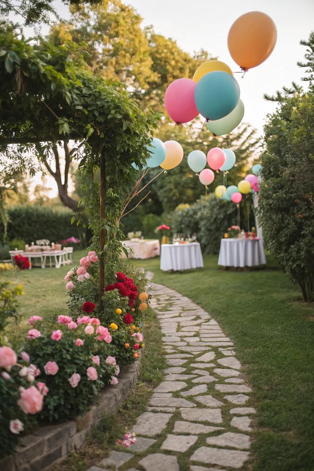 A charming balloon pathway that guides guests to the heart of the birthday celebration.