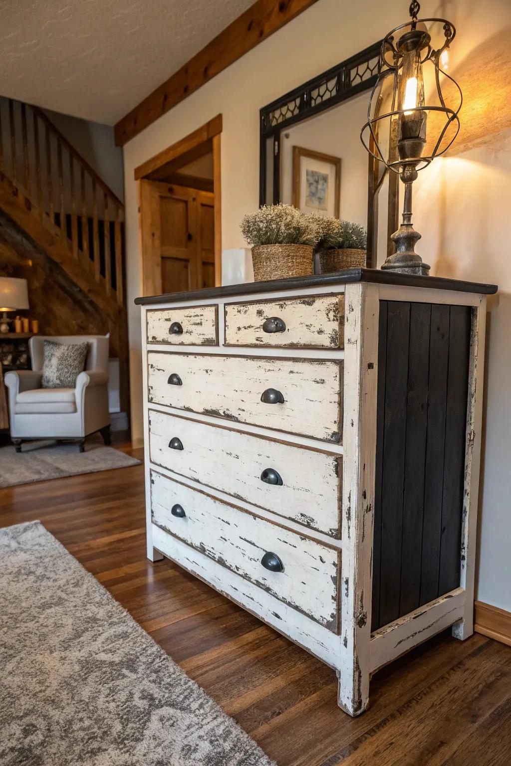 A rustic farmhouse dresser combines monochrome with distressed wood.