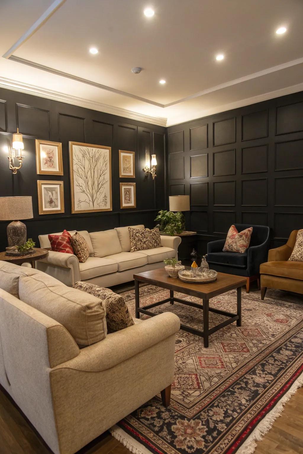 A black accent wall that brings focus and depth to the seating area.