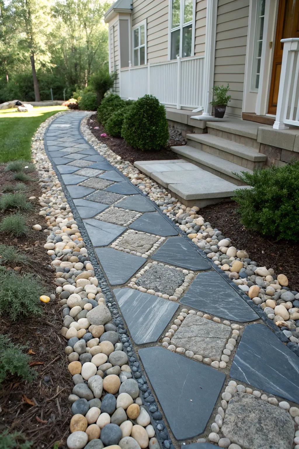 Decorative pebbles add a refined touch to bluestone paths.