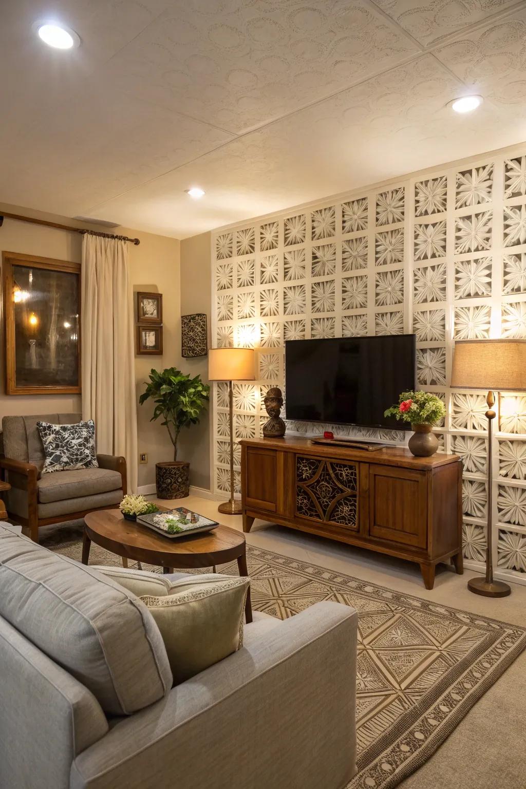 A retro breeze block accent wall adding elegance to a living room.