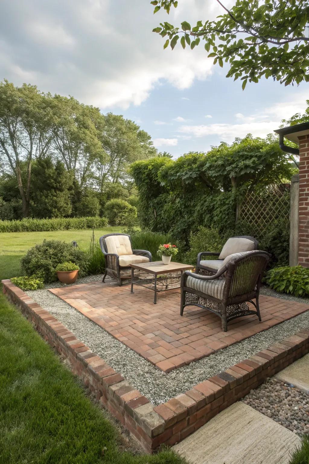 A floating brick patio provides a peaceful garden retreat.