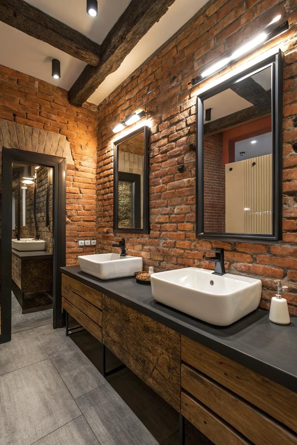 Modern fixtures and rustic brick walls create a captivating contrast.