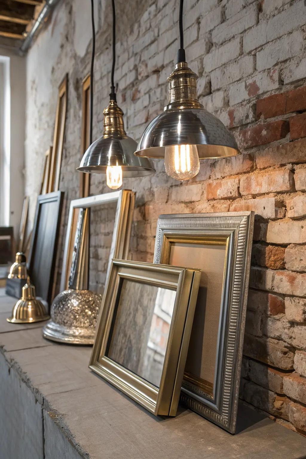 Metallic accents add a modern, polished look to the rustic brick wall.