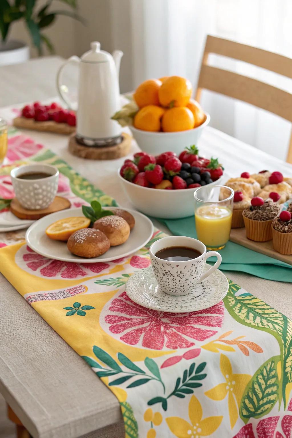 A brunch table featuring a festive and colorful table runner.