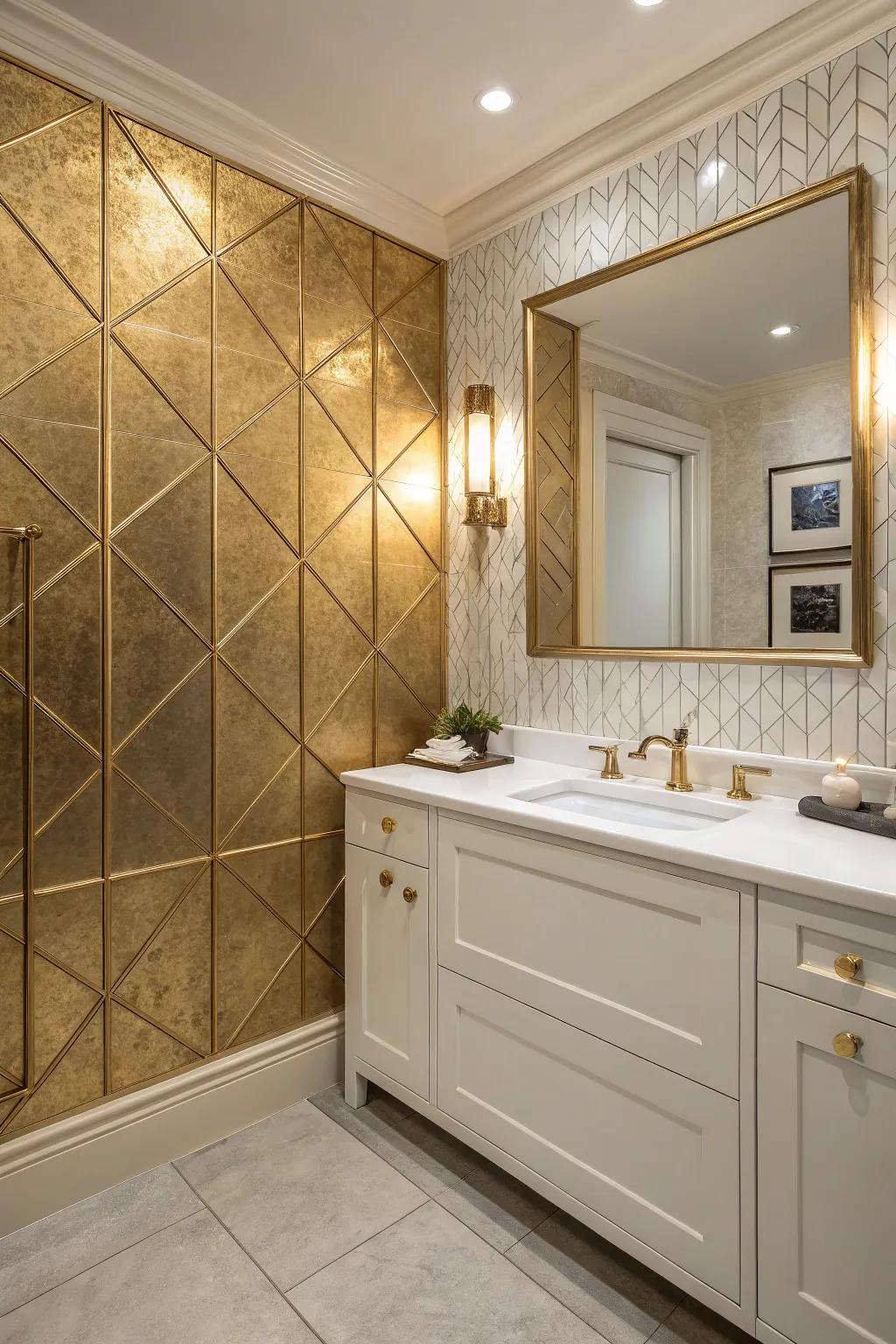 An accent wall with brushed brass panels creating a luxurious focal point.