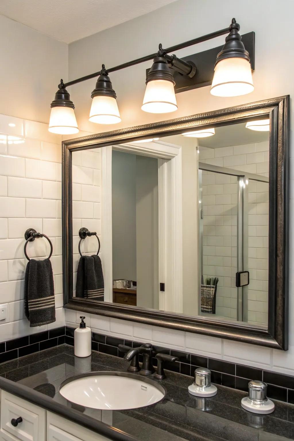 Sophisticated drama with brushed nickel lighting and black accents above a bathroom mirror.