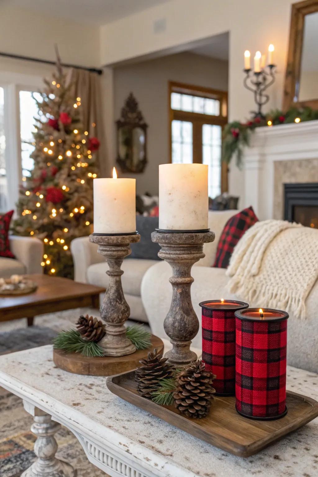 Buffalo plaid candle holders add elegance and warmth to the room.