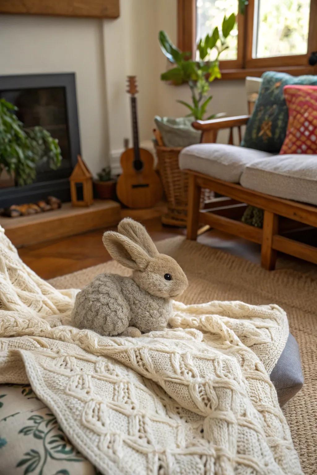 This finger knitted bunny is a cuddly companion for any season.