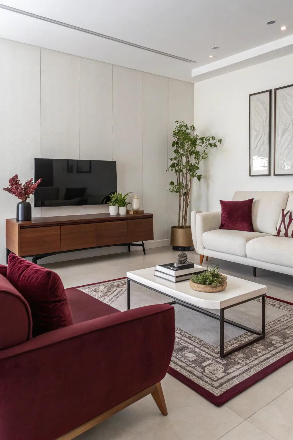 Modern minimalism with burgundy accents creates a chic, uncluttered living room.