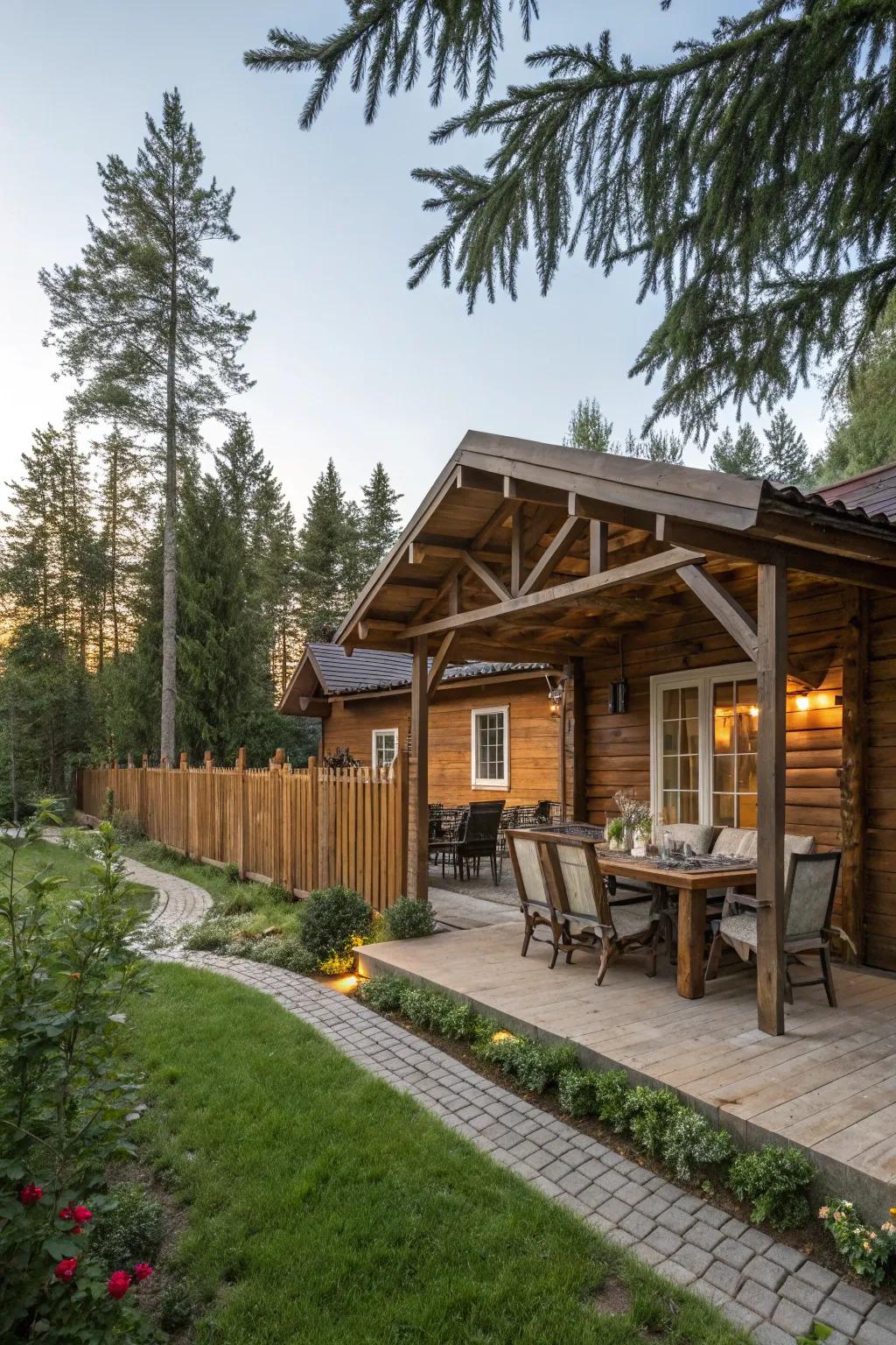 A rustic pergola extending the cabin's outdoor living space