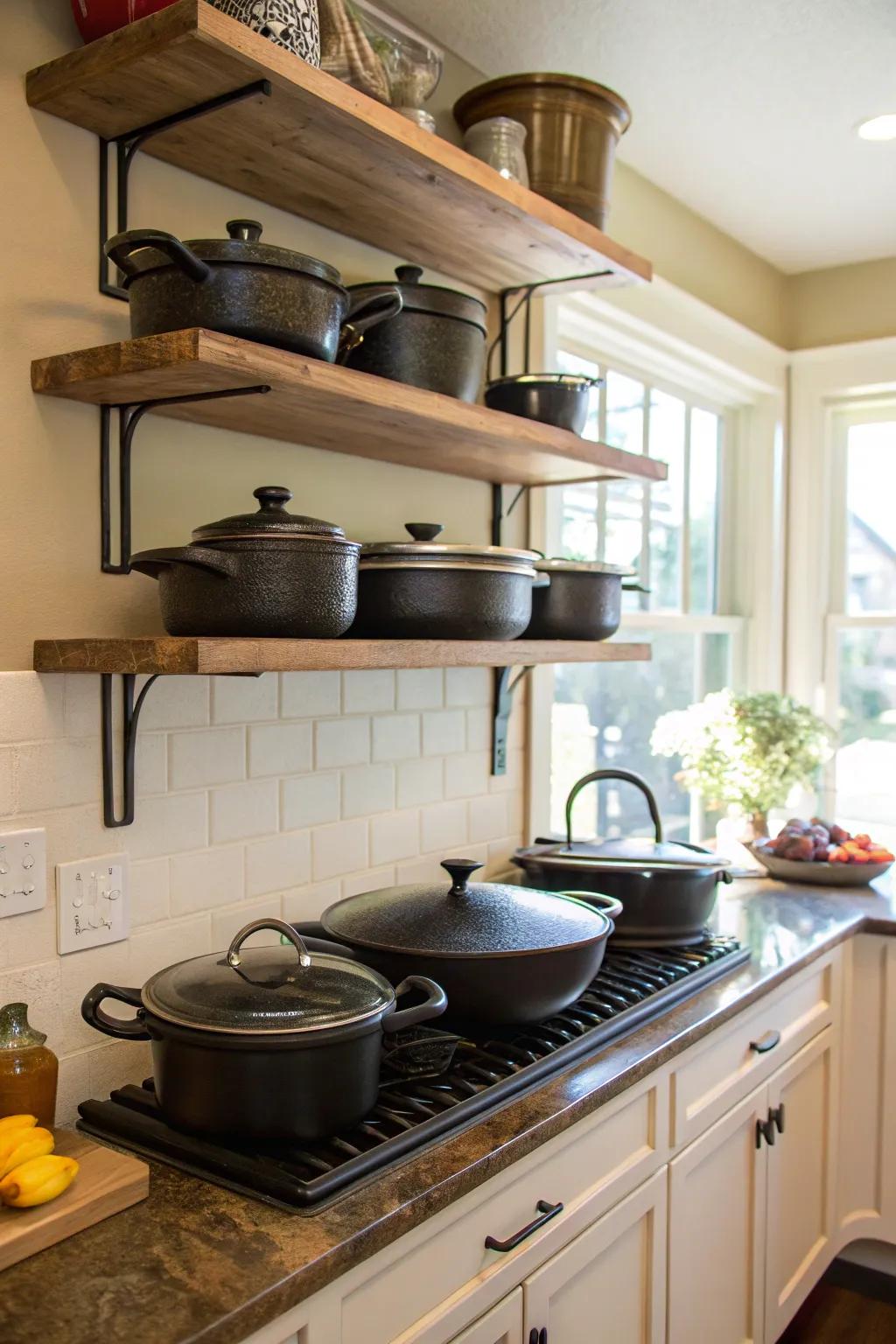 Floating shelves for a modern cast iron display.