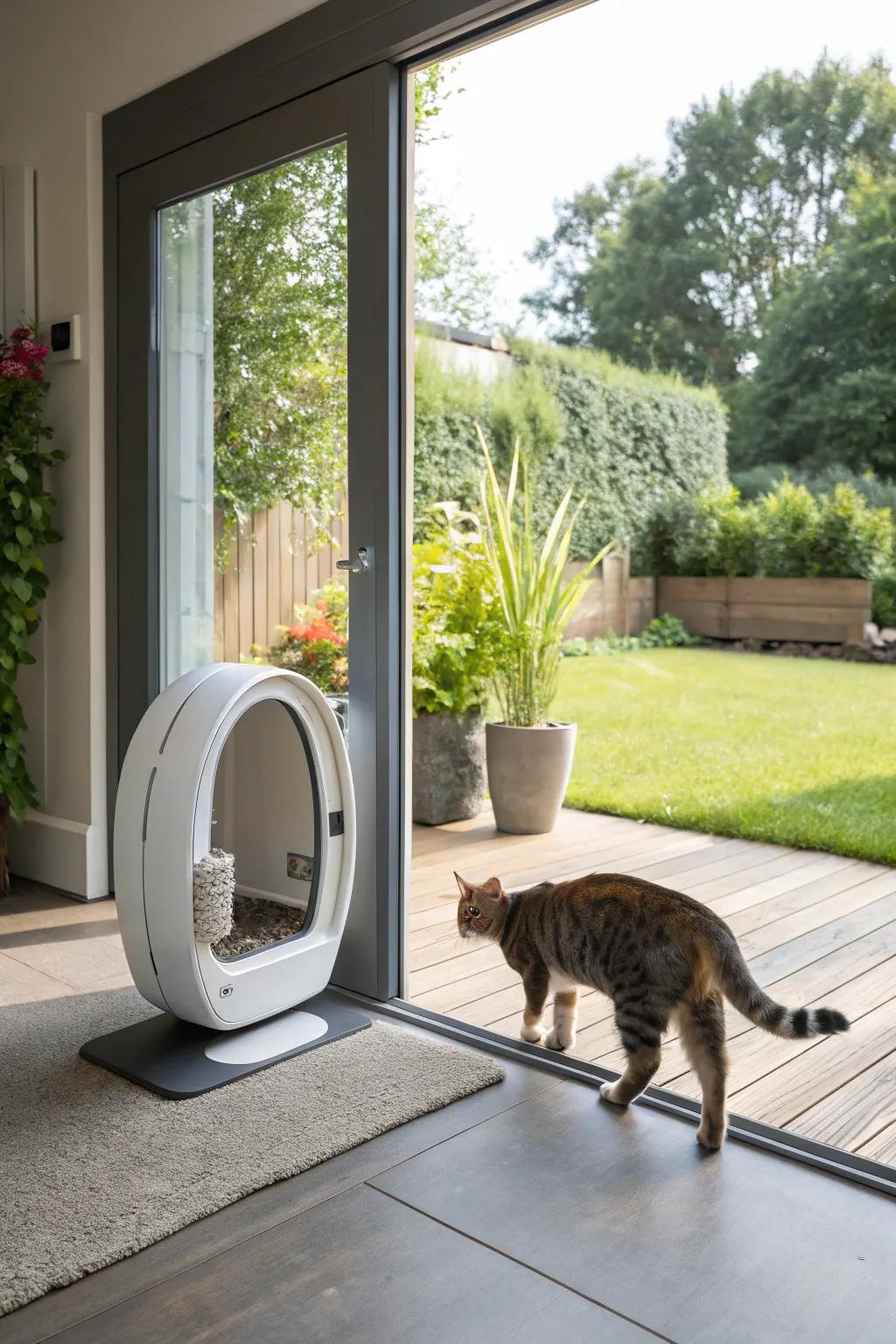 A cat door to the outdoors offers safe exploration and fresh air.