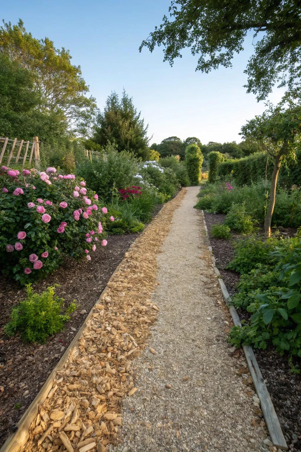 Gravel and wood chips create a textured, varied garden path.