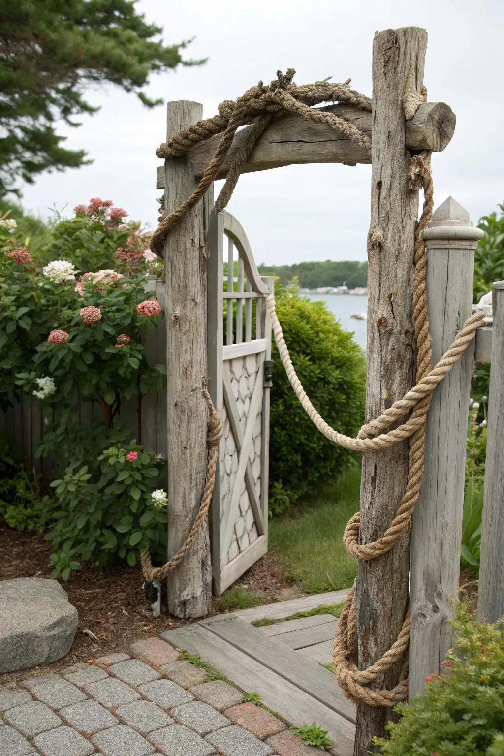 A nautical-inspired rope and wood garden gate, bringing seaside charm to the garden entrance.